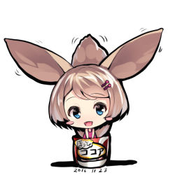 Rule 34 | 1girl, :d, animal ears, bare arms, blue eyes, blush stickers, chibi, dated, dress, fox ears, fox girl, fox tail, hair ornament, hairclip, in container, light brown hair, looking at viewer, open mouth, original, pink dress, sleeveless, sleeveless dress, smile, solo, standing, tail, white background, yuuji (yukimimi)