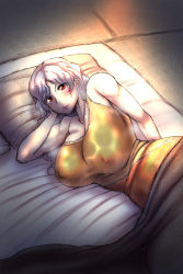 Rule 34 | 1girl, arm behind head, bare shoulders, bed, blanket, blush, breasts, cleavage, commentary request, covered erect nipples, dark, dress, futon, huge breasts, kamekichi27, long hair, looking at viewer, lying, on side, parted bangs, parted lips, red eyes, sakata nemuno, single strap, smile, solo, sweat, tatami, touhou, wet