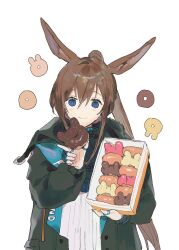 Rule 34 | 1girl, amiya (arknights), animal-themed food, animal ears, arknights, ascot, black ascot, black jacket, blue eyes, box, brown hair, clothes writing, dal-gi, doughnut, food, hair between eyes, highres, holding, holding box, holding food, jacket, jewelry, long hair, long sleeves, looking at viewer, multiple rings, open clothes, open jacket, pastry box, ponytail, rabbit ears, rabbit girl, ring, shirt, simple background, smile, solo, thumb ring, upper body, very long hair, white background, white shirt