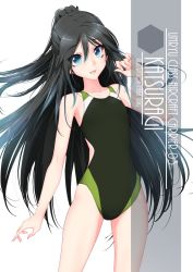 Rule 34 | 1girl, artist name, black hair, black one-piece swimsuit, blue eyes, character name, collarbone, commentary request, competition swimsuit, cowboy shot, eyes visible through hair, flat chest, hair between eyes, hair ribbon, highres, inaba shiki, kantai collection, katsuragi (kancolle), long hair, looking at viewer, multicolored clothes, multicolored swimsuit, one-piece swimsuit, ponytail, ribbon, simple background, smile, solo, swimsuit, white background