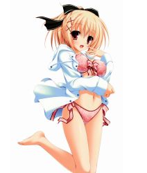 Rule 34 | 1girl, :d, barefoot, blonde hair, bow, bow bra, bow panties, bra, breasts, covered erect nipples, feet, front-tie top, hair bow, hair ornament, hair ribbon, hairclip, heart, heart print, highres, lingerie, long sleeves, looking at viewer, medium breasts, mikagami mamizu, navel, open clothes, open mouth, open shirt, panties, pink bra, pink panties, print bra, print panties, red eyes, ribbon, shirt, short hair, side-tie panties, simple background, smile, solo, underwear