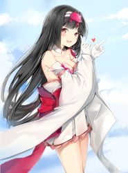 Rule 34 | 1girl, bare shoulders, black hair, blue sky, blush, breasts, choker, cleavage, cloud, cloudy sky, collarbone, commentary request, copyright request, day, detached sleeves, gloves, hairband, head tilt, heart, highres, index finger raised, long hair, long sleeves, looking at viewer, medium breasts, open mouth, outdoors, red eyes, silver (chenwen), skirt, sky, sleeves past wrists, solo, strapless, teeth, upper teeth only, very long hair, white choker, white gloves, white hairband, white skirt, wide sleeves