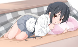 Rule 34 | 1girl, barefoot, black hair, blurry, blurry background, blush, brown eyes, commentary request, dresstrip, k-on!, kotatsu, long hair, lying, nakano azusa, open mouth, pillow, shirt, skirt, solo, table, twintails, white shirt