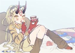 Rule 34 | 1girl, black nails, blonde hair, clothing request, colored skin, commentary request, dated, eating, facial mark, fate/grand order, fate (series), fingernails, flat chest, food, forehead mark, hair spread out, holding, horns, ibaraki douji (fate), isagiyo, long fingernails, long hair, long sleeves, looking at viewer, multicolored skin, on bed, oni, oni horns, open mouth, pillow, pointy ears, red skin, sharp toenails, shorts, simple background, slit pupils, solo, toenails, very long hair, white background, yellow eyes, yellow shorts