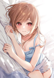 Rule 34 | 1girl, bare arms, bed, blue camisole, blush, breasts, brown hair, camisole, cleavage, collarbone, dutch angle, frilled camisole, frilled shorts, frills, highres, looking at viewer, lying, morning, on side, original, pov, red eyes, short shorts, shorts, sidelocks, smile, solo, thighs, white shorts, zattape