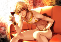 Rule 34 | 1boy, alcohol, androgynous, bikini, blonde hair, bracelet, crossdressing, cup, drinking glass, covered erect nipples, fate/stay night, fate/zero, fate (series), gilgamesh (fate), highleg, highleg swimsuit, jewelry, male focus, necklace, open mouth, red eyes, riko (k riko), short hair, sitting, smile, solo, swimsuit, wine, wine glass