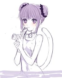 Rule 34 | 1girl, bare shoulders, blush, breasts, choker, hair bun, monochrome, open mouth, purple eyes, purple hair, short hair, single hair bun, small breasts, smile, solo, sophie (tales), swimsuit, tail, tales of (series), tales of graces, wet
