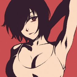 Rule 34 | 1girl, armpits, black eyes, black hair, breasts, chainsaw man, cleavage, closed mouth, collarbone, eyelashes, eyepatch, hair over one eye, himeno (chainsaw man), large breasts, moshimoshibe, red background, shirt, short hair, solo, tank top, texture, upper body, white shirt