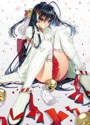 Rule 34 | 1girl, arutera, bad id, bad pixiv id, bell, black hair, highres, japanese clothes, jingle bell, long hair, looking at viewer, miko, original, red eyes, ribbon-trimmed legwear, ribbon-trimmed sleeves, ribbon trim, solo, thighhighs, very long hair