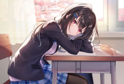 Rule 34 | 1girl, black hair, black jacket, black pantyhose, blazer, blue skirt, branch, cardigan, chair, closed mouth, comiket 99, curtains, desk, hair ornament, hairclip, highres, jacket, kisaragi yuri, long hair, looking at viewer, on chair, open clothes, open jacket, original, pantyhose, pencil case, pink cardigan, plaid, plaid skirt, pleated skirt, red eyes, school chair, school desk, school uniform, shirt, sitting, skirt, solo, transparent, white shirt, window, x hair ornament