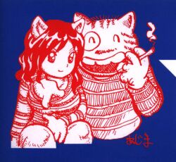 1boy 1girl azuma_hideo blue_background breasts cat_boy cat_girl cigarette closed_eyes closed_mouth cropped_torso fritz_(fritz_the_cat) fritz_the_cat furry hatching_(texture) holding holding_cigarette horizontal-striped_sleeves jpeg_artifacts large_breasts laughing long_sleeves looking_at_viewer medium_hair no_humans non-web_source official_art outline partially_colored red_outline shirt signature sitting smile smoke striped_clothes striped_shirt striped_sleeves teeth upper_teeth_only wavy_hair