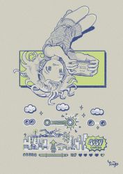 Rule 34 | 1girl, building, cloud, handheld game console, headphones, highres, holding, long hair, original, playing games, short sleeves, solo, tongue, tongue out, toyux2, upside-down