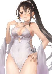 Rule 34 | 1girl, black hair, blush, breasts, brown eyes, cleavage, cosplay, cowboy shot, earrings, hair between eyes, highres, jewelry, kantai collection, long hair, medium breasts, nachi (kancolle), one-piece swimsuit, one eye closed, open mouth, ponytail, sagiri (kancolle), sagiri (kancolle) (cosplay), simple background, solo, swimsuit, toka (marchlizard), white background, white one-piece swimsuit