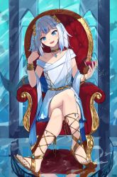 Rule 34 | absurdres, alcohol, arm rest, blue eyes, blue hair, blue nails, bracelet, chair, choker, collarbone, crossed legs, cup, drinking glass, fins, fish tail, gawr gura, gawr gura (party dress), hair ornament, highres, holding, holding cup, hololive, hololive english, jewelry, multicolored hair, nail polish, official alternate costume, on chair, open mouth, sandals, shark girl, shark tail, sharp teeth, single bare shoulder, sitting, smile, streaked hair, tail, teeth, toga, traveler (artbbt), virtual youtuber, white hair, wine, wine glass