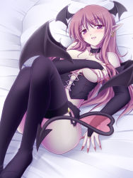 Rule 34 | 1girl, bad id, bad pixiv id, bat wings, bed, breast hold, breasts, bridal gauntlets, covering privates, covering breasts, demon girl, demon tail, earrings, elbow gloves, fingernails, garter belt, gloves, head wings, heart, heart tail, jewelry, large breasts, long hair, lying, meso (gjmeso), meso (pixiv35947), nail, original, pink eyes, pointy ears, red hair, solo, tail, thighhighs, wings