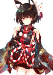 Rule 34 | 1girl, animal ear fluff, animal ears, azur lane, black kimono, blush, breasts, brown hair, cat ears, closed mouth, commentary request, cowboy shot, dated, fang, fang out, fox mask, hands up, head tilt, highres, japanese clothes, kimono, large breasts, long sleeves, looking at viewer, mask, mask on head, paw pose, pom pom (clothes), red eyes, sakusyo, short hair, short kimono, signature, simple background, smile, solo, thighhighs, white background, white thighhighs, wide sleeves, yamashiro (azur lane)