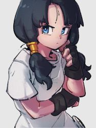 Rule 34 | 1girl, black gloves, black hair, blue eyes, closed mouth, dragon ball, dragonball z, fingerless gloves, gloves, grey background, kemachiku, looking at viewer, shirt, short sleeves, simple background, solo, t-shirt, twintails, videl, white shirt