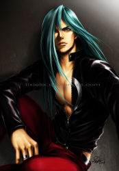 Rule 34 | 1boy, abs, aqua hair, belt, blue eyes, gradient background, hair between eyes, hair over one eye, jacket, jewelry, leather, leather jacket, lips, long hair, male focus, nose, open clothes, open jacket, pants, pectorals, remy (street fighter), ring, sitting, solo, street fighter, street fighter iii (series), tixie lix, topless male, wedding band