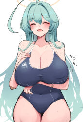 Rule 34 | 10eki (tenchou), 1girl, absurdres, abydos high school swimsuit, ahoge, bare arms, bare legs, bare shoulders, black one-piece swimsuit, blue archive, breasts, cleavage, collarbone, covered navel, green hair, hair between eyes, halo, highres, huge ahoge, huge breasts, long hair, one-piece swimsuit, school swimsuit, simple background, solo, swimsuit, white background, yellow halo, yume (blue archive)