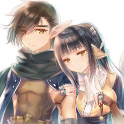 Rule 34 | 1boy, 1girl, ainu clothes, animal ears, aquaplus, black hair, blush, breasts, brother and sister, brown hair, cape, cat tail, closed mouth, covered abs, crying, crying with eyes open, dress, eyebrows, eyelashes, family, fingernails, gauntlets, hair over one eye, height difference, locked arms, long hair, looking at viewer, medium breasts, muscular, muscular male, oboro (utawarerumono), orange eyes, pointy ears, ponytail, scarf, shiny skin, short hair, siblings, sleeveless, smile, tail, taut clothes, taut dress, tears, utawarerumono, utawarerumono: itsuwari no kamen, utawarerumono: lost flag, very long hair, white scarf, white tail, yami nabe23, yuzuha (utawarerumono)