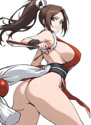 1girl animification ass bare_legs bare_shoulders breasts brown_eyes brown_hair fatal_fury folded_fan folding_fan hand_fan high_ponytail highres holding large_breasts long_hair looking_at_viewer motoyui ninja no_bra obi open_mouth parted_bangs pelvic_curtain ponytail revealing_clothes sash shiny_skin shiranui_mai sideboob smile snk solo standing the_king_of_fighters thighs white_background zantyarz