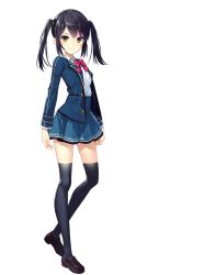 Rule 34 | 1girl, black hair, bow, bowtie, eyebrows, full body, gaou (umaiyo puyoman), loafers, looking at viewer, school uniform, shoes, skindentation, skirt, smile, solo, standing, suzukura rin, thighhighs, transparent background, twintails, yellow eyes, zettai ryouiki