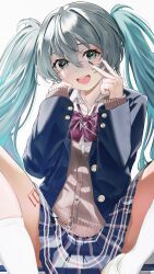 Rule 34 | 1girl, absurdres, aqua eyes, aqua hair, cardigan, hatsune miku, highres, hxk4 n, long sleeves, looking at viewer, open mouth, school uniform, smile, solo, twintails, vocaloid