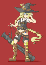 Rule 34 | 1girl, absurdres, alternate costume, alternate hairstyle, artillery, at4, belt, belt pouch, blonde hair, boots, borisx, braid, buckle, hat, highres, kirisame marisa, knee boots, knife, long hair, man-portable anti-tank systems, midriff, panties, pocket watch, pouch, recoilless gun, red background, rocket launcher, sheath, sheathed, short sleeves, shorts, solo, touhou, underwear, very long hair, vest, vial, watch, weapon, white panties, witch hat