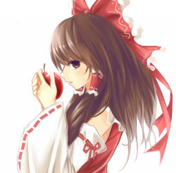 Rule 34 | 1girl, apple, bad apple!!, bad id, bad pixiv id, bow, brown eyes, brown hair, detached sleeves, food, fruit, hair bow, hakurei reimu, highres, japanese clothes, miko, open mouth, solo, touhou, white background, white theme, x&amp;x&amp;x