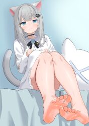 1girl absurdres animal_ears barefoot blue_eyes cat_ears feet grey_hair highres indie_virtual_youtuber light_blush light_smile long_hair looking_at_viewer nachoneko nananananankotsu soles sweat toes