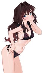 Rule 34 | 1girl, armpits, bad id, bad twitter id, bare arms, bare shoulders, bikini, black bikini, blue eyes, breasts, brown hair, closed mouth, contrapposto, cowboy shot, elisia valfelto, frilled bikini, frills, groin, hair intakes, halterneck, hand on own hip, hand on own chin, long hair, looking at viewer, low twintails, luicent, navel, original, side-tie bikini bottom, simple background, small breasts, solo, standing, stomach, string bikini, swimsuit, thighs, twintails, white background