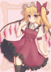 Rule 34 | 1girl, beni kurage, blonde hair, blush, bow, commentary request, cowboy shot, crystal, dress, drop shadow, flandre scarlet, frilled shirt collar, frills, garter straps, hair between eyes, hand up, hat, hat bow, highres, long hair, looking at viewer, mob cap, one side up, petticoat, pinafore dress, pink background, puffy short sleeves, puffy sleeves, red bow, red dress, red eyes, shirt, short sleeves, sleeveless, sleeveless dress, solo, thighhighs, thighs, touhou, white hat, white shirt, wings, zettai ryouiki