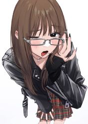 Rule 34 | 1girl, black eyes, black jacket, blush, brown hair, feet out of frame, fingernails, glasses, glint, green nails, hamafugu, highres, jacket, jewelry, long fingernails, long hair, long sleeves, looking at viewer, nail polish, necklace, one eye closed, open mouth, original, pleated skirt, red skirt, simple background, skirt, solo, white background