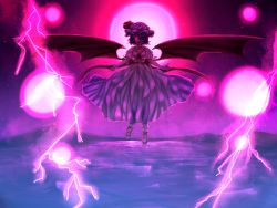 Rule 34 | 1girl, ankle socks, ascot, backlighting, bad id, bad pixiv id, bat wings, brooch, energy ball, flying, full moon, glowing, glowing eyes, hair over one eye, hat, hat ribbon, imajin0613, jewelry, lake, light purple hair, lightning, looking at viewer, mary janes, mob cap, moon, mountain, night, open mouth, outdoors, red eyes, red moon, remilia scarlet, ribbon, sash, shoes, short hair, short sleeves, skirt, skirt set, socks, solo, touhou, wings