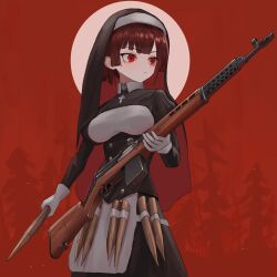 1girl absurdres apron battle_rifle black_skirt blunt_ends breasts brown_hair buttons closed_mouth colored_inner_hair commentary cross english_commentary full_moon gloves gun habit highres holding holding_gun holding_weapon juliet_sleeves klottinen long_sleeves moon multicolored_hair nun original puffy_sleeves red_background red_eyes red_hair rifle serious skirt solo stake svt-40 weapon white_apron white_gloves