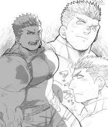 Rule 34 | 1boy, bad id, bad pixiv id, bara, blush, bodysuit, chest harness, expressions, facial hair, fire, flaming halo, from side, greyscale, halo, harness, large pectorals, male focus, mature male, monochrome, multiple views, muscular, muscular male, pectoral lift, pectorals, po fu, short hair, sideburns, sketch, skin tight, stubble, tokyo houkago summoners, underbust, zabaniyya (housamo)