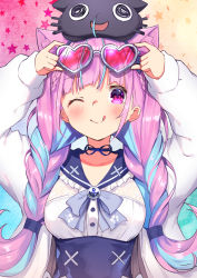 Rule 34 | 1girl, ;q, absurdres, ahoge, anchor symbol, animal ear fluff, animal ears, arms up, blue bow, blue hair, blue sailor collar, blue skirt, blush, bow, braid, breasts, cat ears, closed mouth, eyewear lift, frilled sailor collar, frills, grey-framed eyewear, heart, heart-shaped eyewear, high-waist skirt, highres, hololive, jacket, kutar22, lifting own clothes, long hair, long sleeves, looking at viewer, medium breasts, minato aqua, minato aqua (sailor), multicolored hair, neko (minato aqua), on head, one eye closed, open clothes, open jacket, pink-tinted eyewear, pink hair, puffy long sleeves, puffy sleeves, sailor collar, shirt, skirt, sleeves past wrists, smile, tinted eyewear, tongue, tongue out, twin braids, twintails, two-tone hair, very long hair, virtual youtuber, white jacket, white shirt