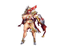 Rule 34 | 1girl, arm up, armor, boots, breasts, broken, broken armor, broken shield, broken sword, broken weapon, cape, feet, female focus, full body, game cg, groin, hand up, helmet, huge breasts, legs, legs apart, looking at viewer, melon22, midriff, no panties, open mouth, original, over shoulder, red cape, red hair, shield, solo, standing, sword, thigh boots, thighhighs, thighs, transparent background, weapon