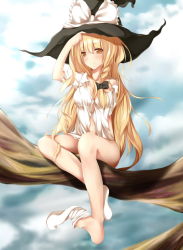 Rule 34 | 1girl, bad id, bad pixiv id, blonde hair, blue sky, blush, bottomless, bow, braid, breasts, cloud, day, feet, hair ribbon, hat, hat bow, in tree, kirisame marisa, long hair, looking at viewer, medium breasts, naked shirt, navel, no shoes, open clothes, open shirt, ribbon, shirt, single braid, sitting, sitting in tree, sky, smile, sock dangle, solo, touhou, tree, very long hair, witch hat, yellow eyes, youko (930921)