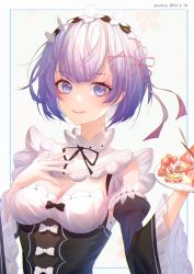 Rule 34 | 1girl, absurdres, akochan, artist name, blue eyes, blue hair, breasts, cleavage, dated, detached sleeves, food, hair ribbon, hand on own chest, hands up, highres, holding, holding plate, looking at viewer, maid, maid headdress, medium breasts, open mouth, pink ribbon, plate, re:zero kara hajimeru isekai seikatsu, rem (re:zero), ribbon, roswaal mansion maid uniform, short hair, solo, teeth, upper body, upper teeth only