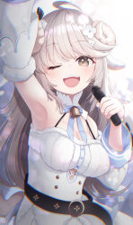 Rule 34 | 1girl, animal ears, arm up, armpits, belt, blush, breasts, character request, cleavage, commentary request, copyright request, grey eyes, grey hair, hair ornament, highres, horns, long hair, looking at viewer, medium breasts, microphone, one eye closed, saebashi, sheep ears, sheep horns, solo, virtual youtuber, white background