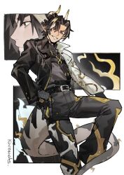 Rule 34 | 1boy, absurdres, arknights, black hair, black skin, brown hair, chinese zodiac, chong yue (arknights), colored skin, crotchless, crotchless pants, dragon boy, dragon horns, dragon tail, earrings, gradient skin, highres, horns, jacket, jewelry, kurono 233, long hair, long tail, looking at viewer, male focus, multicolored hair, multiple views, new year, pants, pointy ears, profile, red eyes, smile, streaked hair, tail, textless version, thick eyebrows, year of the dragon