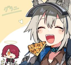 Rule 34 | 2girls, animal ears, apple pie, arknights, blue gloves, blue jacket, blush stickers, brown shirt, character name, collared shirt, energy wings, exusiai (arknights), food, fork, gloves, grani (arknights), grey hair, hair over one eye, halo, heart, holding, holding fork, infection monitor (arknights), jacket, long hair, maguro kan, multiple girls, open mouth, pie, pie slice, red hair, shirt, short hair, smile, teeth, upper teeth only, white background, white jacket, yellow background, yellow eyes
