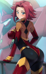 Rule 34 | 1girl, absurdres, ass, blue eyes, blush, bodysuit, breasts, character request, check character, closed mouth, code geass, commentary, flipped hair, guren (code geass), guren mk-ii, hair intakes, hand on railing, highres, knightmare frame, kouzuki kallen, large breasts, looking at viewer, mecha, multicolored bodysuit, multicolored clothes, pilot suit, red hair, robot, science fiction, short hair, signature, skin tight, smile, turning head, twitter username, yoo tenchi