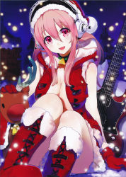 Rule 34 | 1girl, absurdres, bare shoulders, bell, boots, breasts, center opening, chimney, cleavage, cross-laced footwear, electric guitar, fur trim, gloves, guitar, hat, headphones, highres, hood, huge breasts, instrument, large breasts, looking at viewer, night, nitroplus, no bra, open clothes, open mouth, open shirt, pink eyes, pink hair, reindeer, rooftop, santa costume, santa hat, scan, shirabi, shirt, sitting, snow, snowing, solo, super sonico