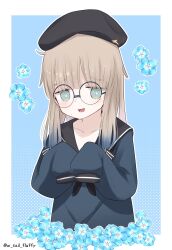 Rule 34 | 1girl, beret, black hat, black sailor collar, blonde hair, blue background, blue dress, blue eyes, blue flower, blush, border, dress, fate/grand order, fate (series), floral background, flower, glasses, hat, highres, long hair, looking at viewer, mole, mole under mouth, nemo (fate), open mouth, professor nemo (fate), round eyewear, sailor collar, sailor dress, sleeves past fingers, sleeves past wrists, solo, twitter username, very long sleeves, w tail fluffy, white border