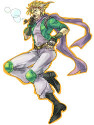 Rule 34 | 1boy, bad id, bad pixiv id, battle tendency, blonde hair, boots, bubble, blowing bubbles, bubble pipe, caesar anthonio zeppeli, facial mark, feather hair ornament, feathers, fingerless gloves, full body, gloves, green eyes, green jacket, feather hair ornament, headband, jacket, jojo no kimyou na bouken, knee pads, male focus, marimo jj, pants, smoking pipe, ribbon, scarf, shirt, solo, white pants, white shirt