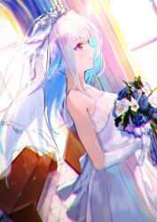 Rule 34 | 1girl, absurdres, bare arms, blue hair, bouquet, bridal gauntlets, bridal veil, dress, feather hair ornament, feathers, flower, from side, hair ornament, highres, holding, holding bouquet, lace, lace-trimmed dress, lace trim, light particles, lize helesta, multicolored hair, nijisanji, pew, pillar, pleated dress, purple eyes, rei (farta litia), shadow, sidelocks, smile, solo, spaghetti strap, standing, sunlight, tiara, tile floor, tiles, veil, virtual youtuber, wedding dress, white hair, window