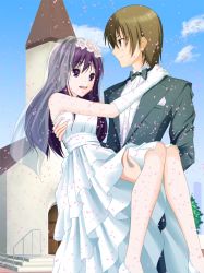 Rule 34 | 1boy, 1girl, bride, carrying, character request, couple, dress, eye contact, flower, game cg, hair flower, hair ornament, long hair, looking at another, paca plus, pacoproject, petals, princess carry, princess hug, purple eyes, purple hair, tsukasa rin, wedding, wedding dress, white dress
