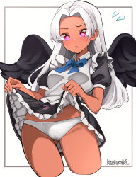 Rule 34 | 1girl, :o, absurdres, alternate costume, angel wings, apron, artist name, black dress, black wings, blue bow, blue bowtie, blush, bow, bowtie, breasts, cameltoe, cleft of venus, clothes lift, contrapposto, cropped legs, dark-skinned female, dark skin, dot nose, dress, dress lift, enmaided, eyes visible through hair, female focus, flying sweatdrops, forehead, furrowed brow, gluteal fold, grey hair, groin, highres, kasumi 6, legs apart, lifting own clothes, long hair, looking ahead, maid, one piece, panties, petite, pink eyes, puffy short sleeves, puffy sleeves, s-snake, seraphim (one piece), short sleeves, skindentation, small breasts, solo, standing, star-shaped pupils, star (symbol), symbol-shaped pupils, tareme, underwear, very long hair, white apron, white hair, white panties, wings